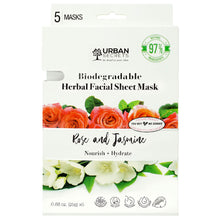 Load image into Gallery viewer, Rose + Jasmine Biodegradable Herbal Facial Sheet Mask 0.88 fl. oz (25g) x 5 Pack