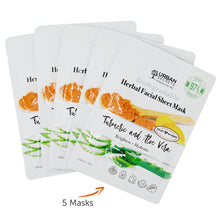 Load image into Gallery viewer, Turmeric + Aloe Vera Biodegradable Herbal Facial Sheet Mask 0.88 (25g) fl. oz x 5 Pack