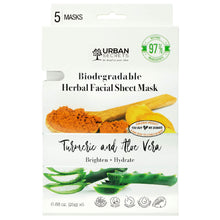 Load image into Gallery viewer, Turmeric + Aloe Vera Biodegradable Herbal Facial Sheet Mask 0.88 (25g) fl. oz x 5 Pack