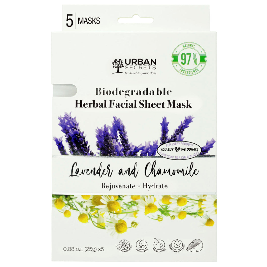 Lavender + Chamomile Biodegradable Herbal Facial Sheet Mask 0.88 fl. oz (25g) x 5 Pack